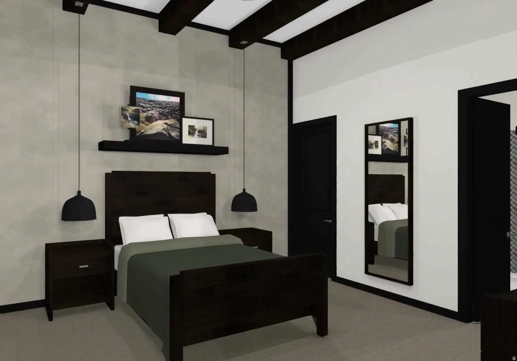 Bedroom featuring dark wood-finish ceiling beams and contemporary pendant lighting