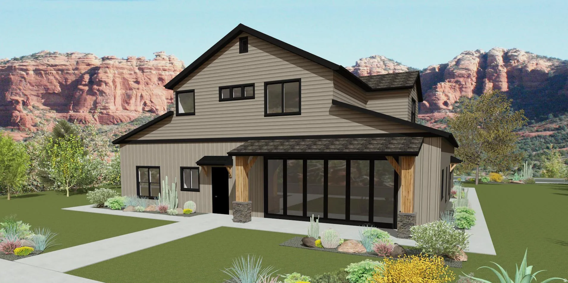 Contemporary two-story residence with a dark-pitched roof and light-toned siding