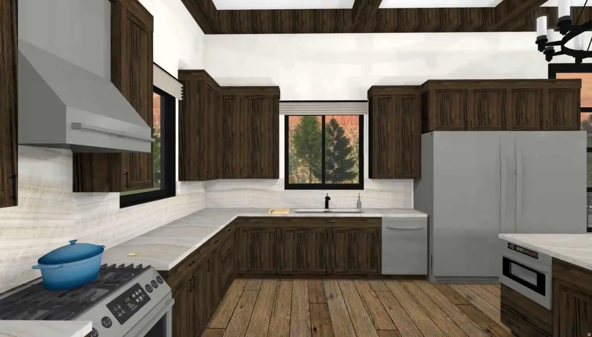 Spacious kitchen featuring rich wood cabinetry, stainless steel appliances, a large farmhouse sink, and light-toned countertops