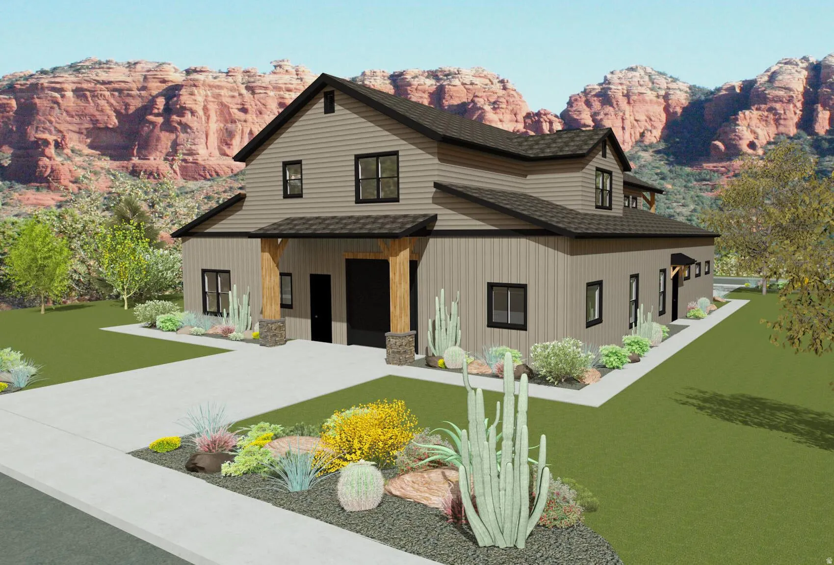 Modern farmhouse-style exterior featuring a dark gray roof, light brown vertical siding, and black-framed windows