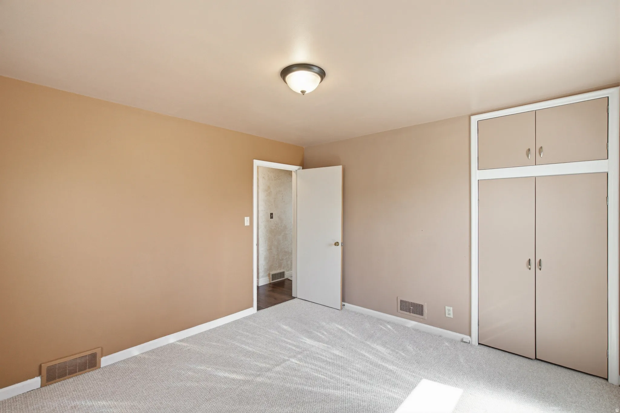 Neutral-toned room featuring light-colored carpet flooring and a built-in closet with upper cabinetry