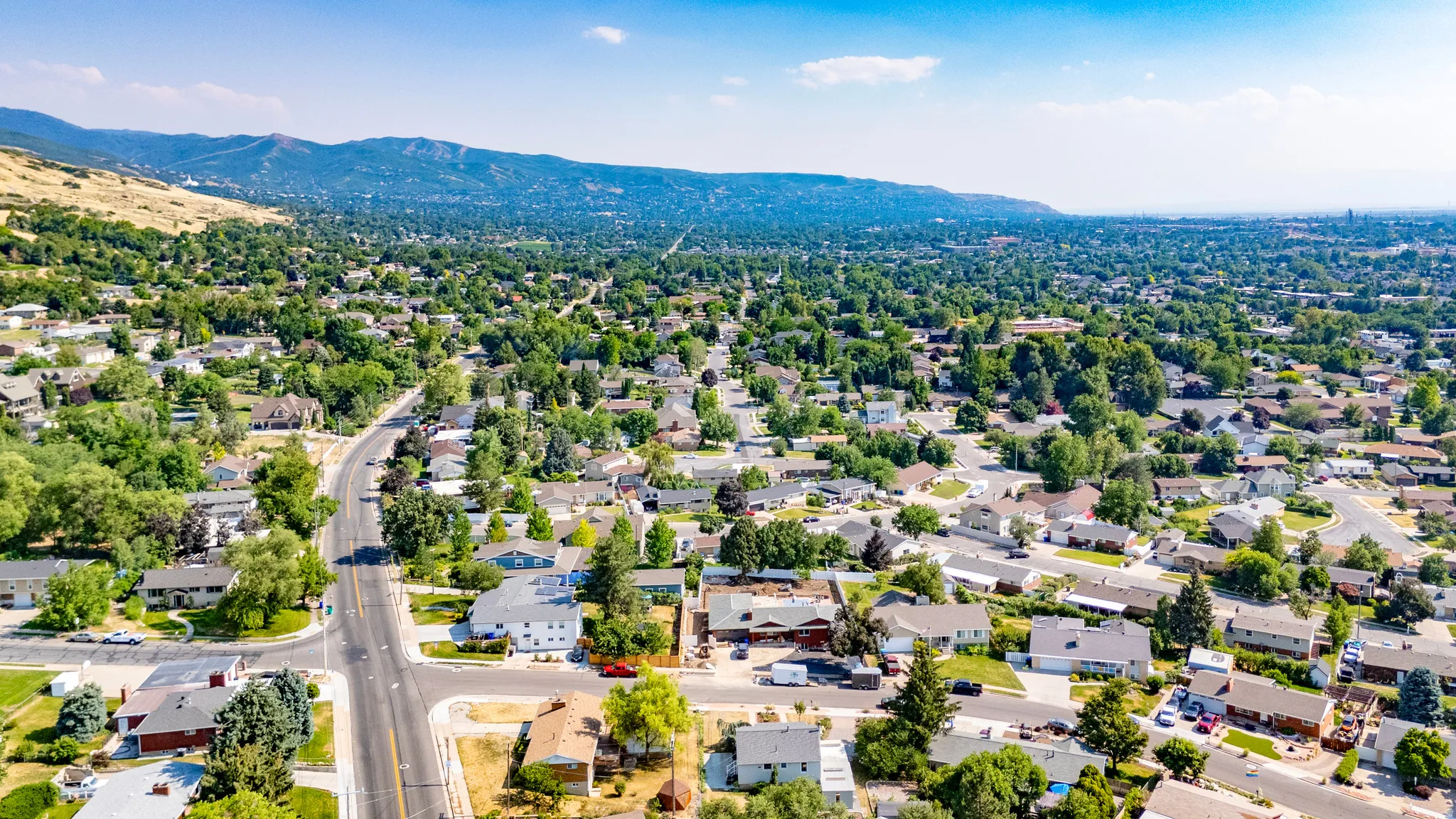 Expansive residential area with a verdant landscape and distant mountains