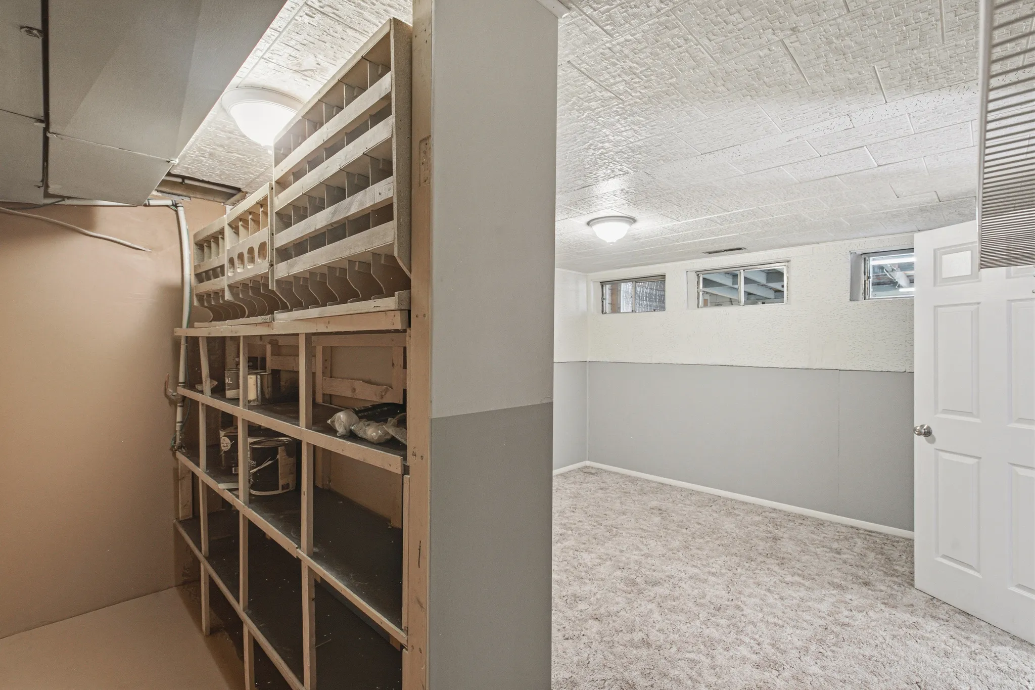 Versatile basement area featuring wood shelving, recessed windows, textured ceiling, a white paneled door, and carpet flooring
