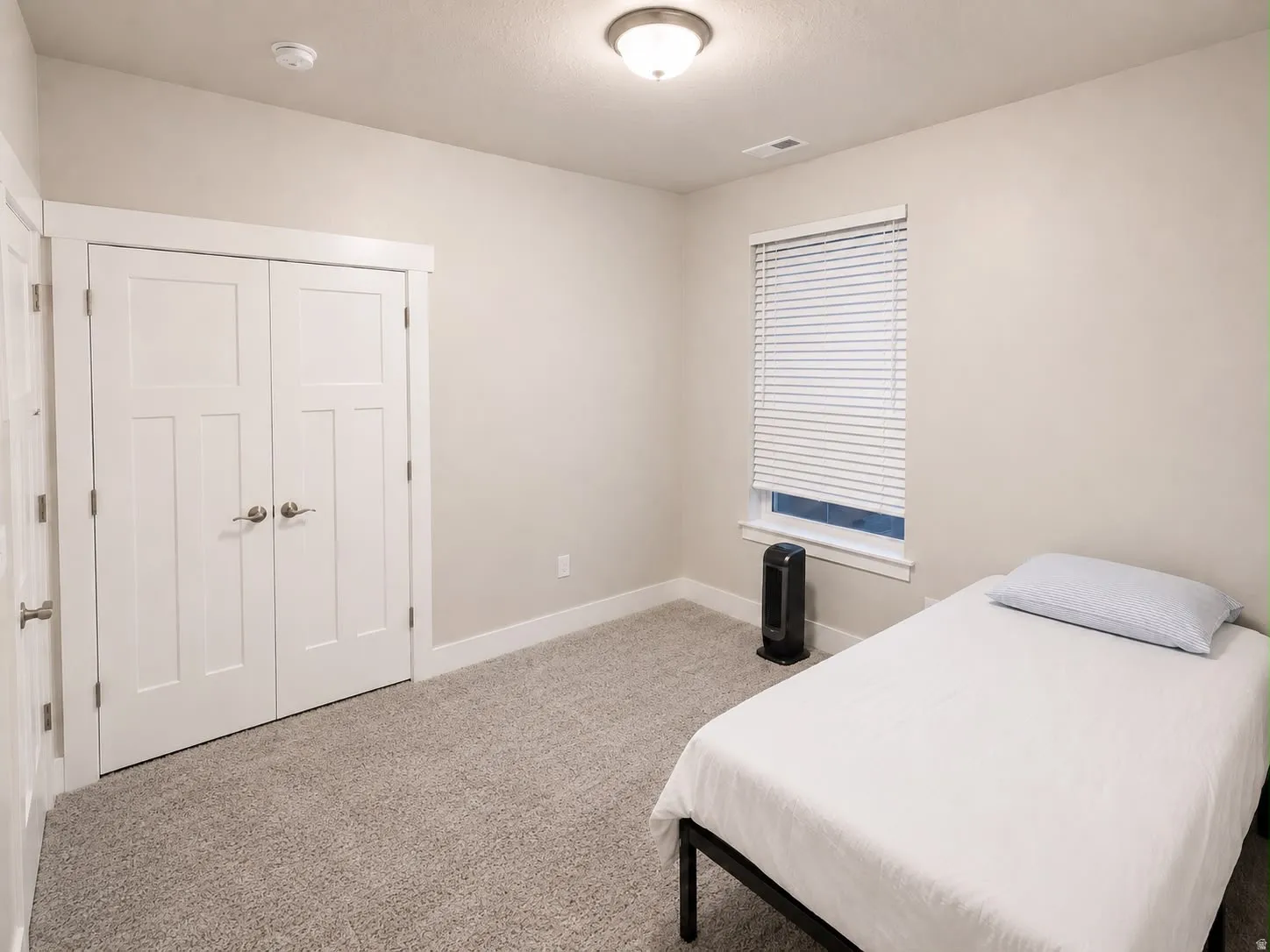 Neutral-toned room featuring a window with blinds, light gray textured carpeting, and white trim