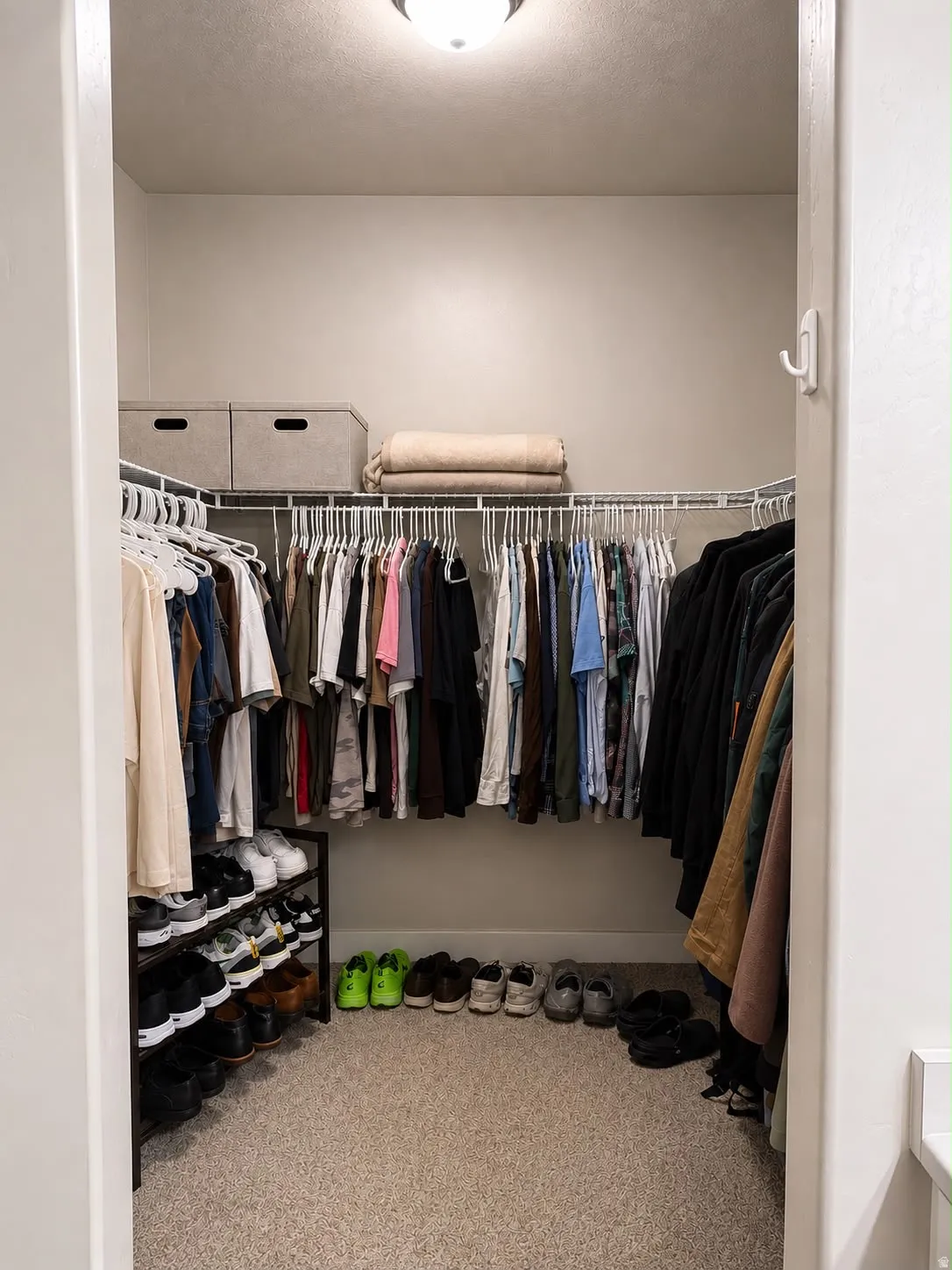 Walk-in closet featuring carpet flooring, overhead lighting, and white wire shelving