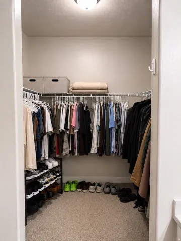 Walk-in closet featuring carpet flooring, overhead lighting, and white wire shelving