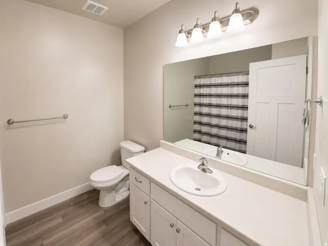 Bathroom featuring wood-finish flooring, a white vanity with an integrated sink, a large wall-mounted mirror, and a four-light fixture