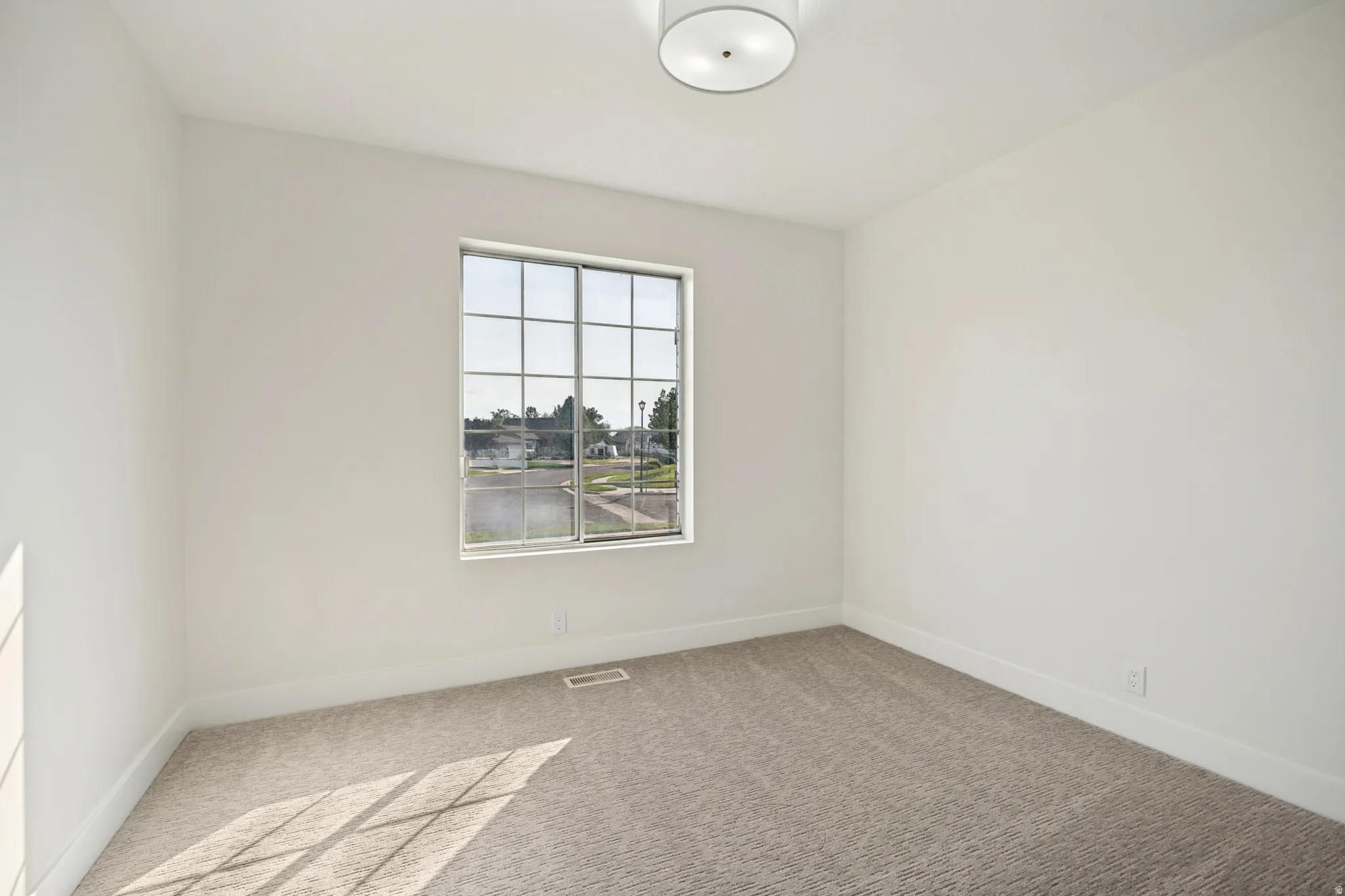 Carpeted room featuring a large window with grid panes, white trim, and a flush mount ceiling light fixture
