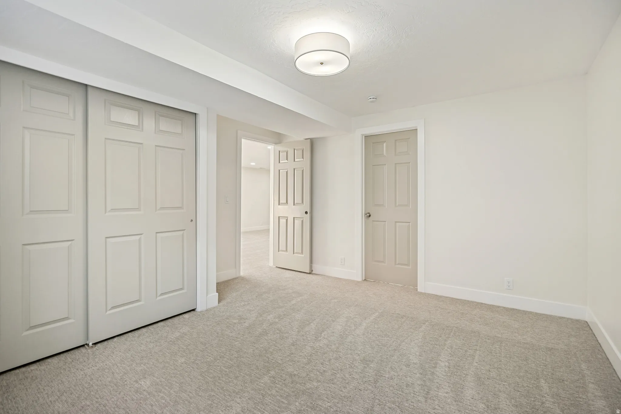 Room featuring light gray carpet flooring, white walls, white trim, a flush mount ceiling light, and panel doors