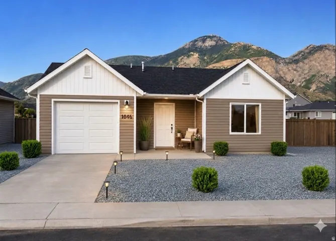 Rendering of the home with xeriscaping. Fence not included.