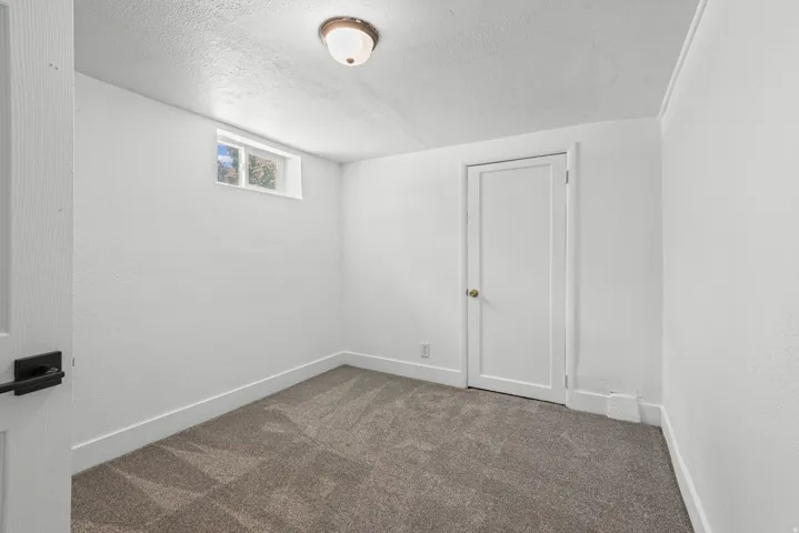 Room featuring neutral-toned carpet, white walls, and a single window