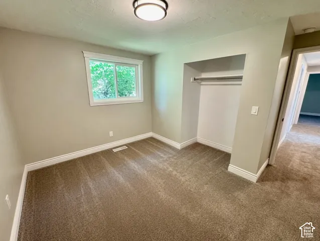 Neutral-toned room featuring a single window with white trim, tan carpeting, and a built-in closet with a hanging rod