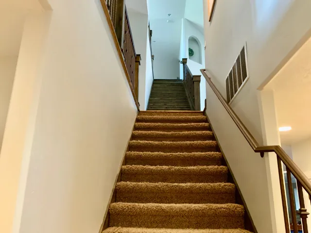 Carpeted staircase featuring wood handrails and balusters