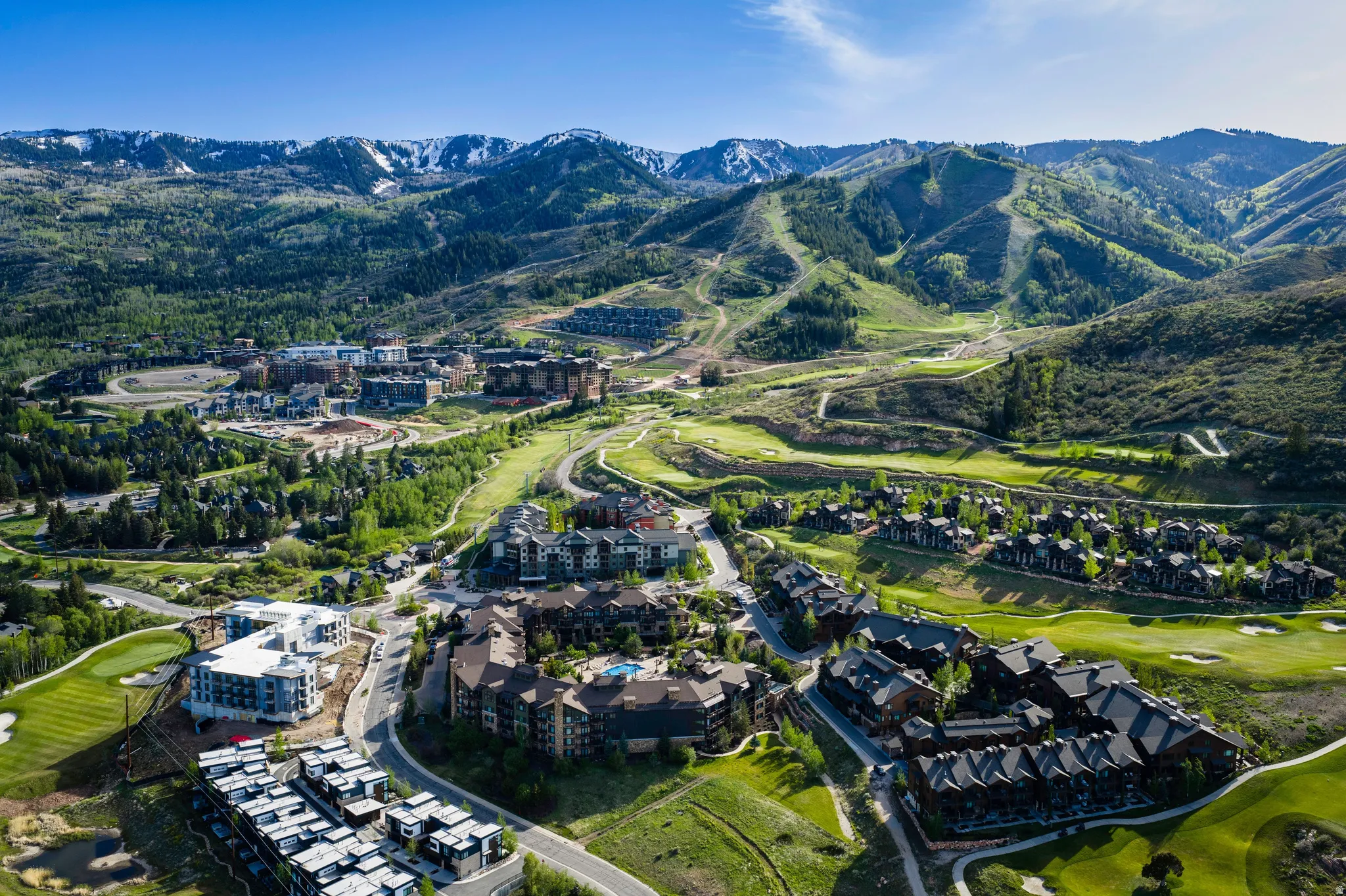 Aerial perspective showcasing a mountain community with extensive green spaces