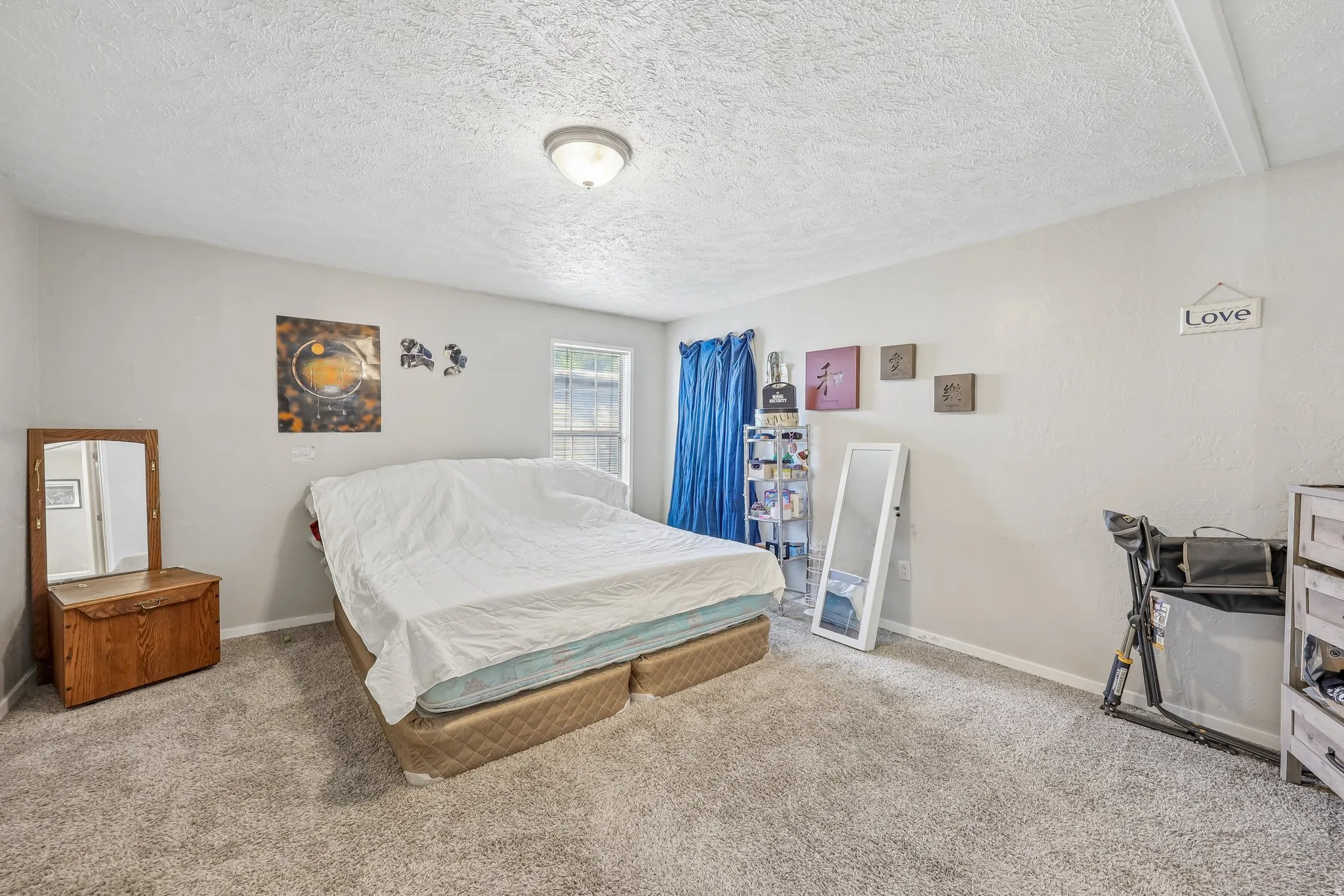 Spacious room featuring light gray walls, textured ceiling, and neutral-toned carpet flooring