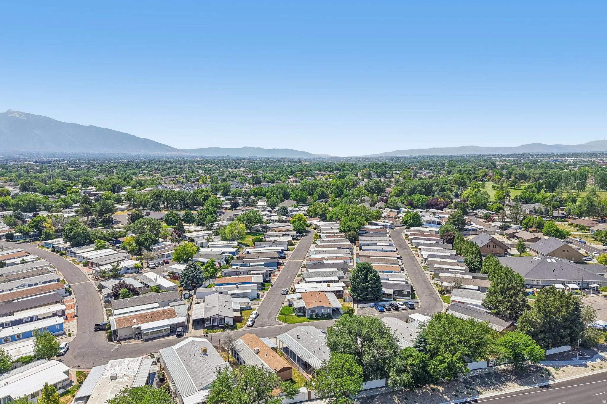 Expansive aerial overview showcasing a residential community with mature trees and paved streets