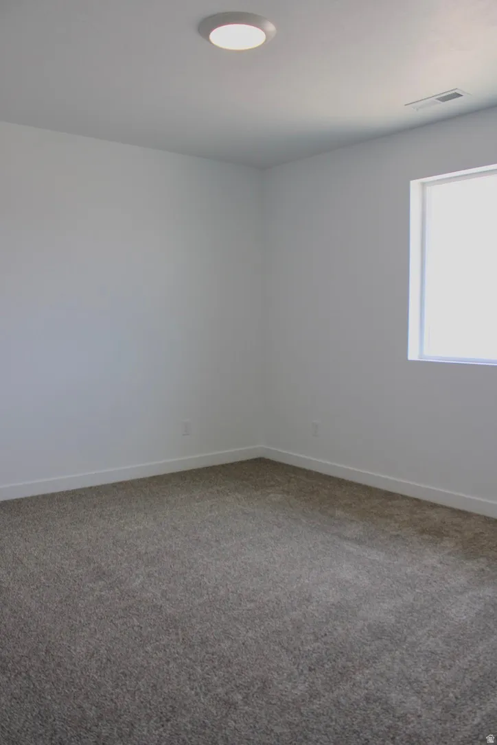 Carpeted room with white walls, white baseboards, a single window, and a flush-mount ceiling light