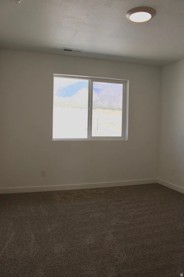 Carpeted room featuring a single window, white baseboards, and a flush-mount ceiling light fixture
