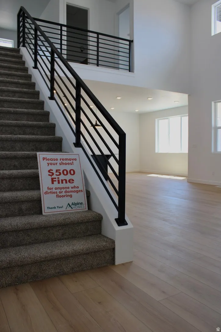 Two-story foyer featuring a contemporary black metal baluster railing system, carpeted staircase, and wood-finish flooring