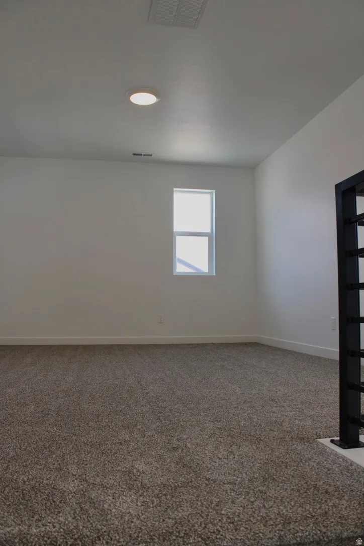 Carpeted room featuring a single window, white walls, and a ceiling-mounted light fixture