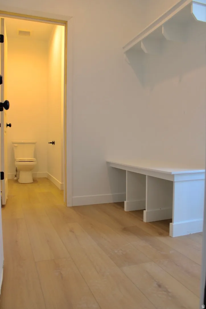 Light wood-finish flooring extending from the hallway into a powder room