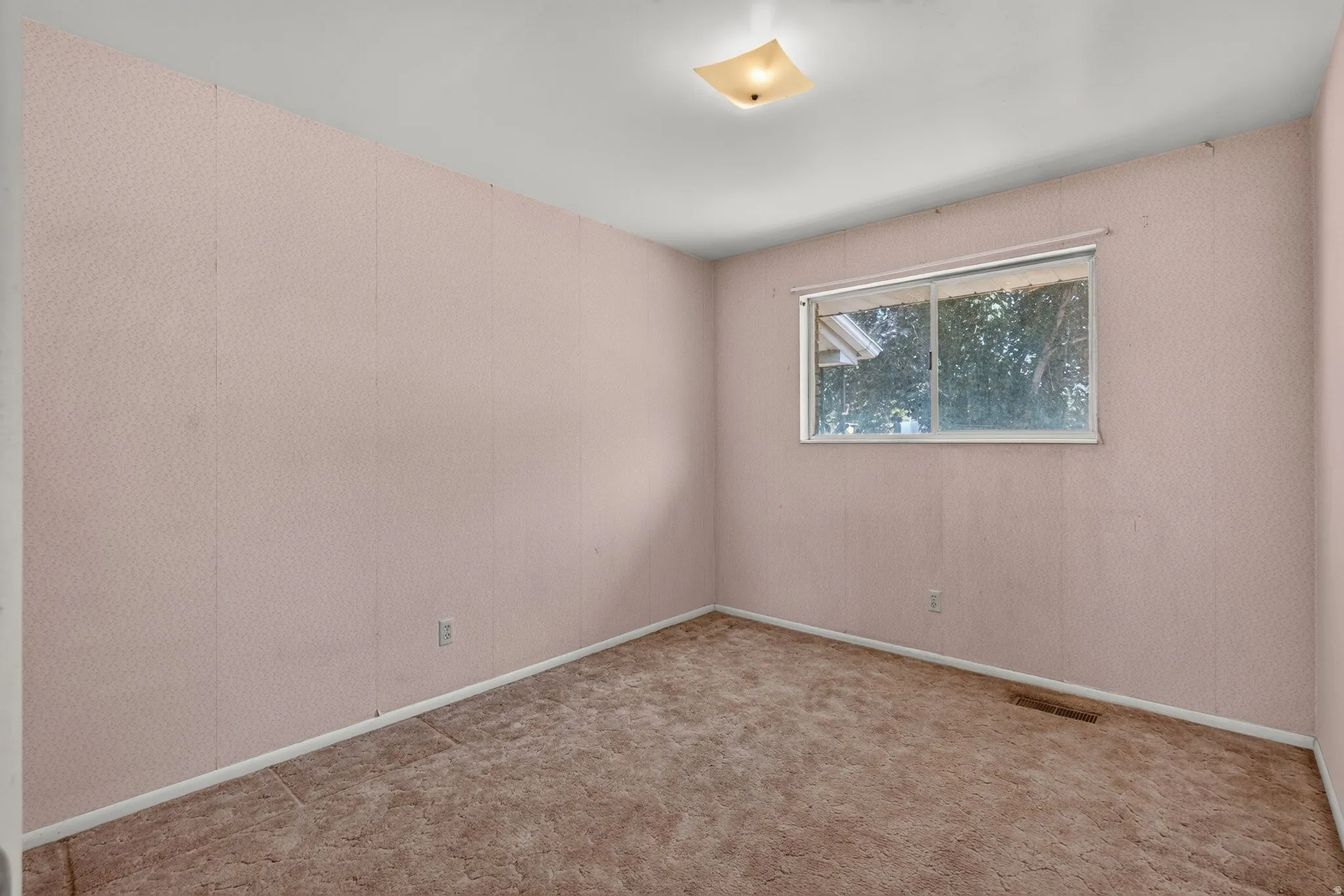 Recessed window framing, textured wall panels, and neutral carpet flooring