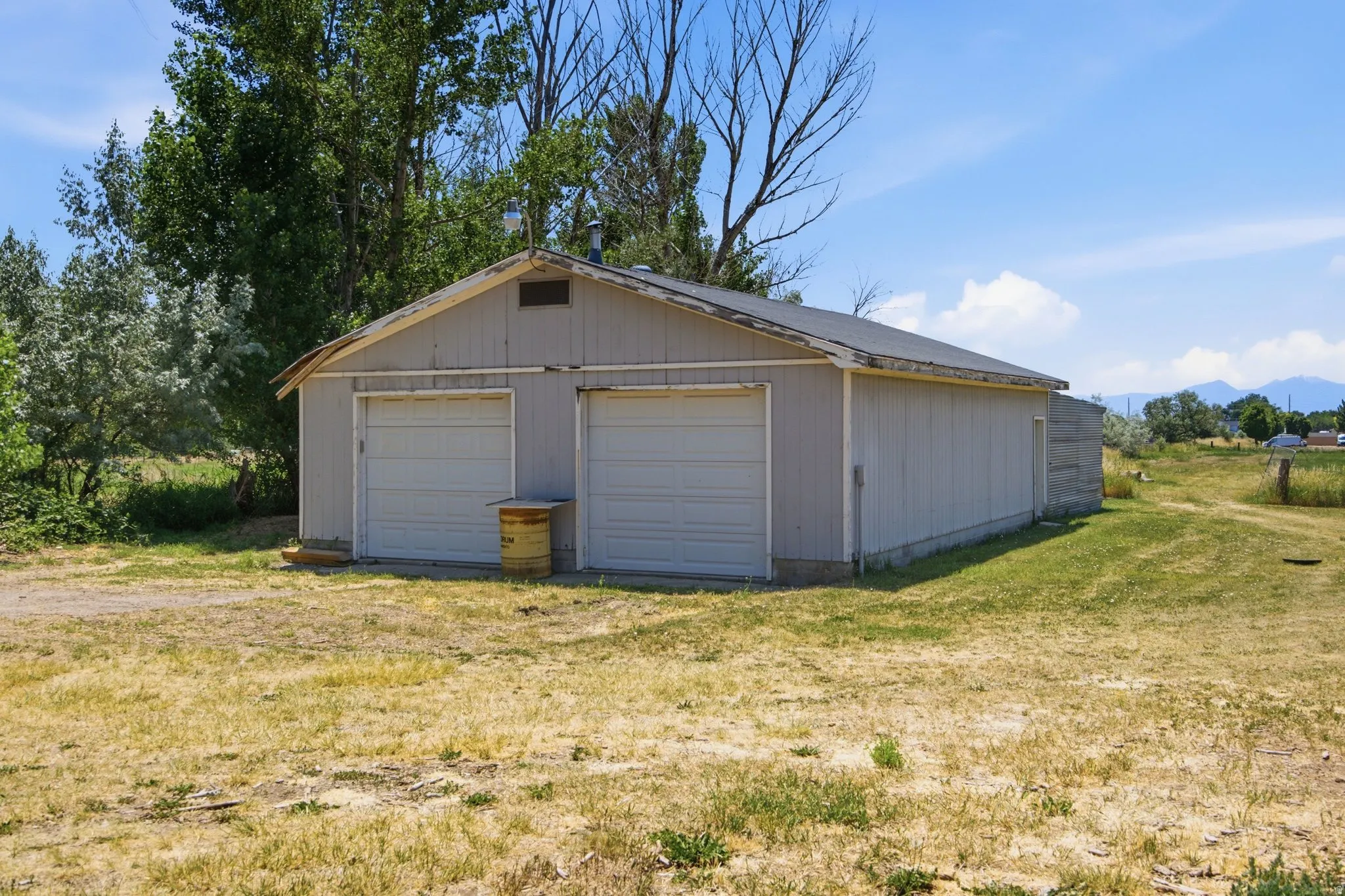 Detached two-car garage with panel siding and two roll-up doors