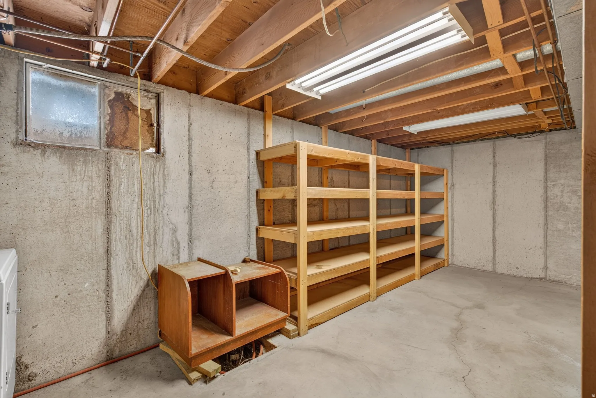 Basement area featuring concrete walls, exposed ceiling joists, and fluorescent lighting