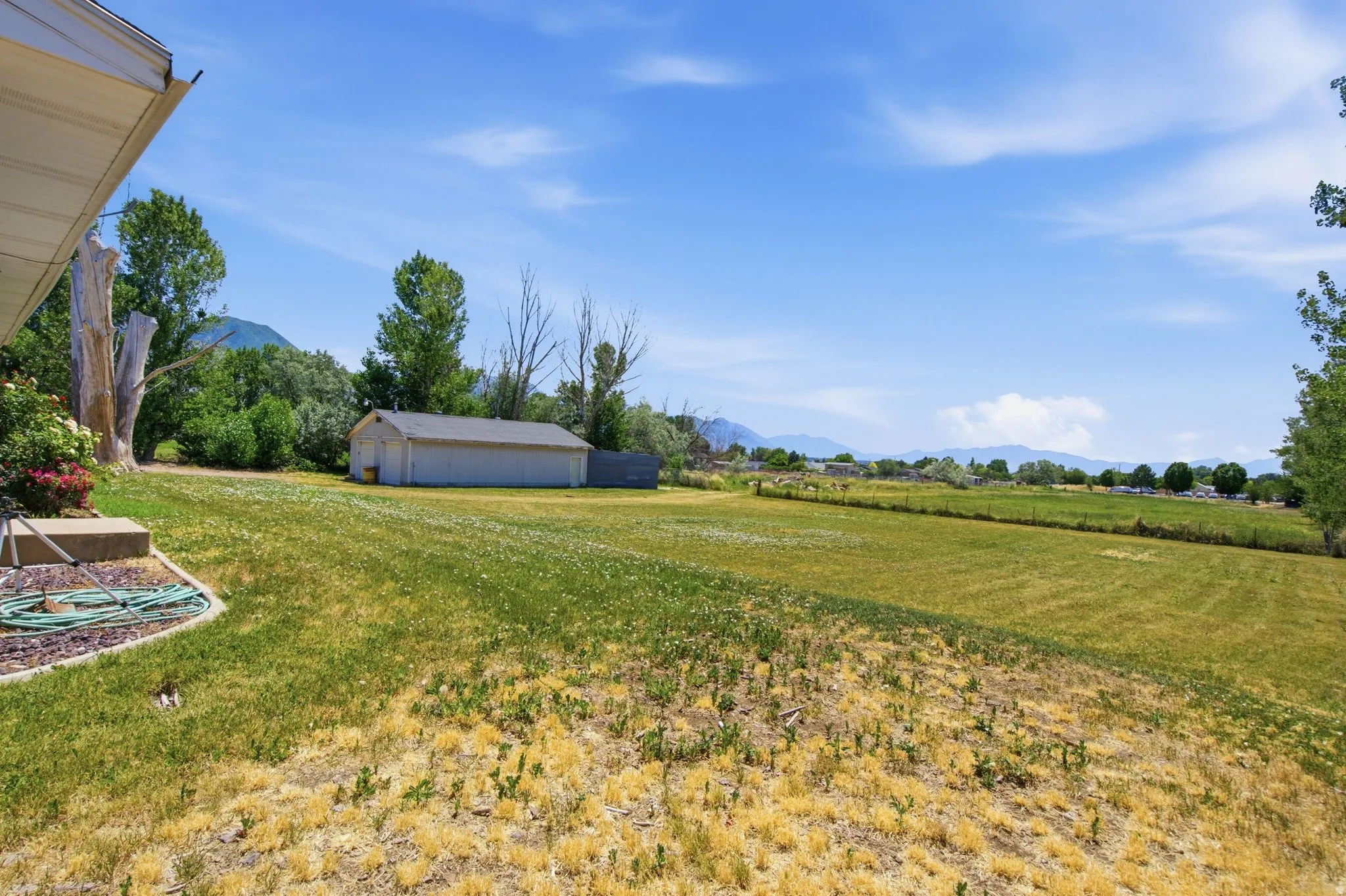 Expansive rear yard featuring green space, mature trees, a detached storage building with a shingle roof, and distant mountain scenery