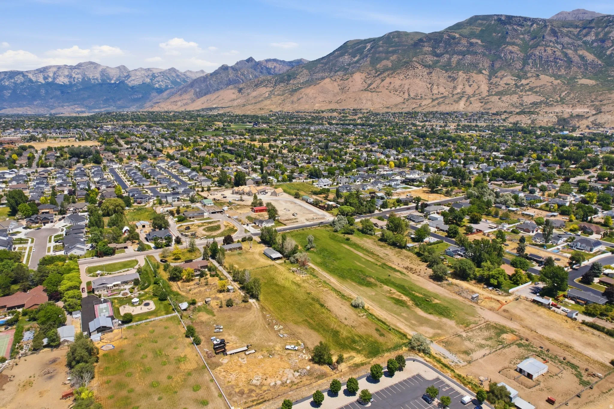 Aerial perspective showcasing a residential area with varied housing styles