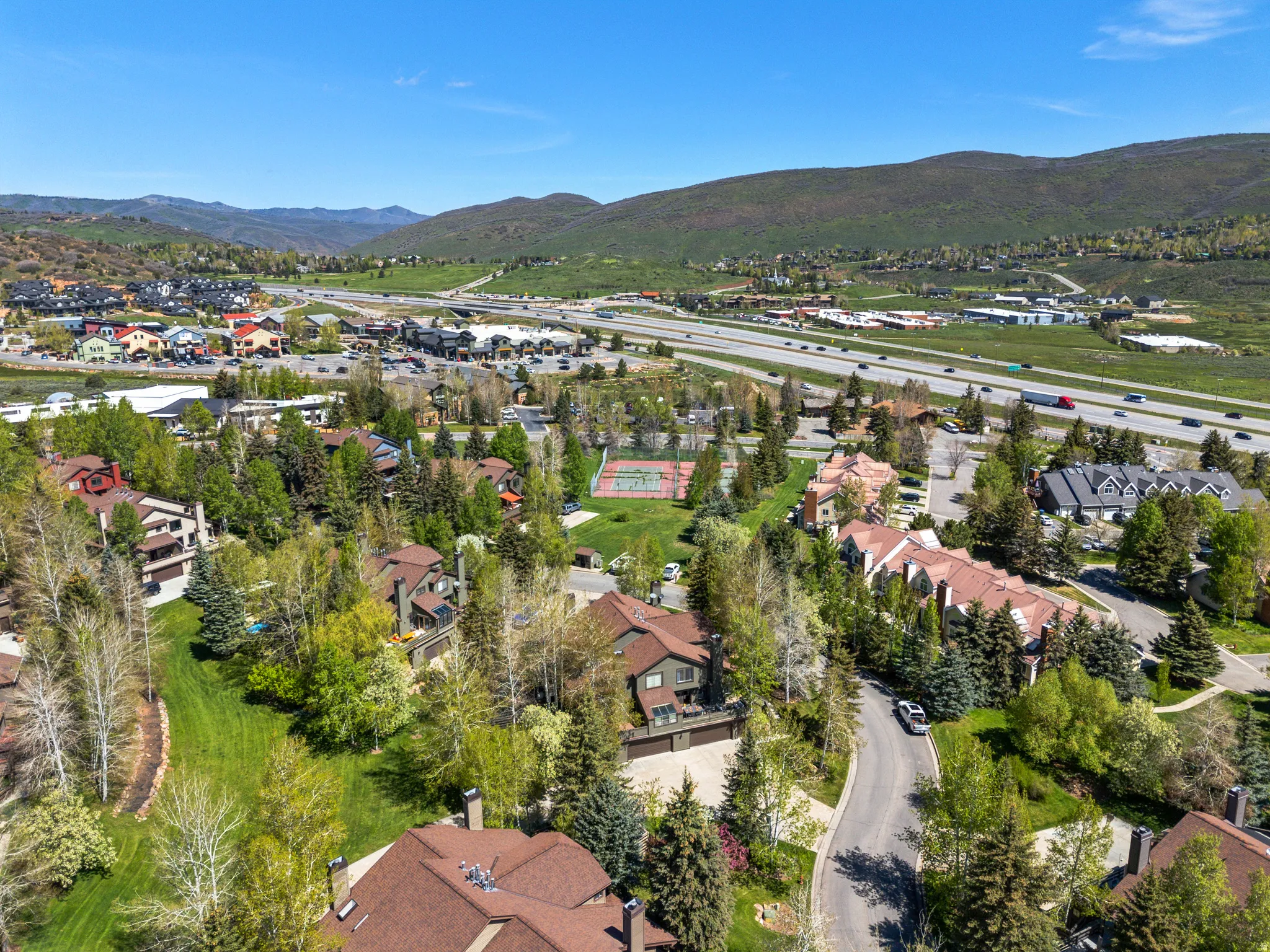Expansive aerial view showcasing residential properties amidst lush greenery