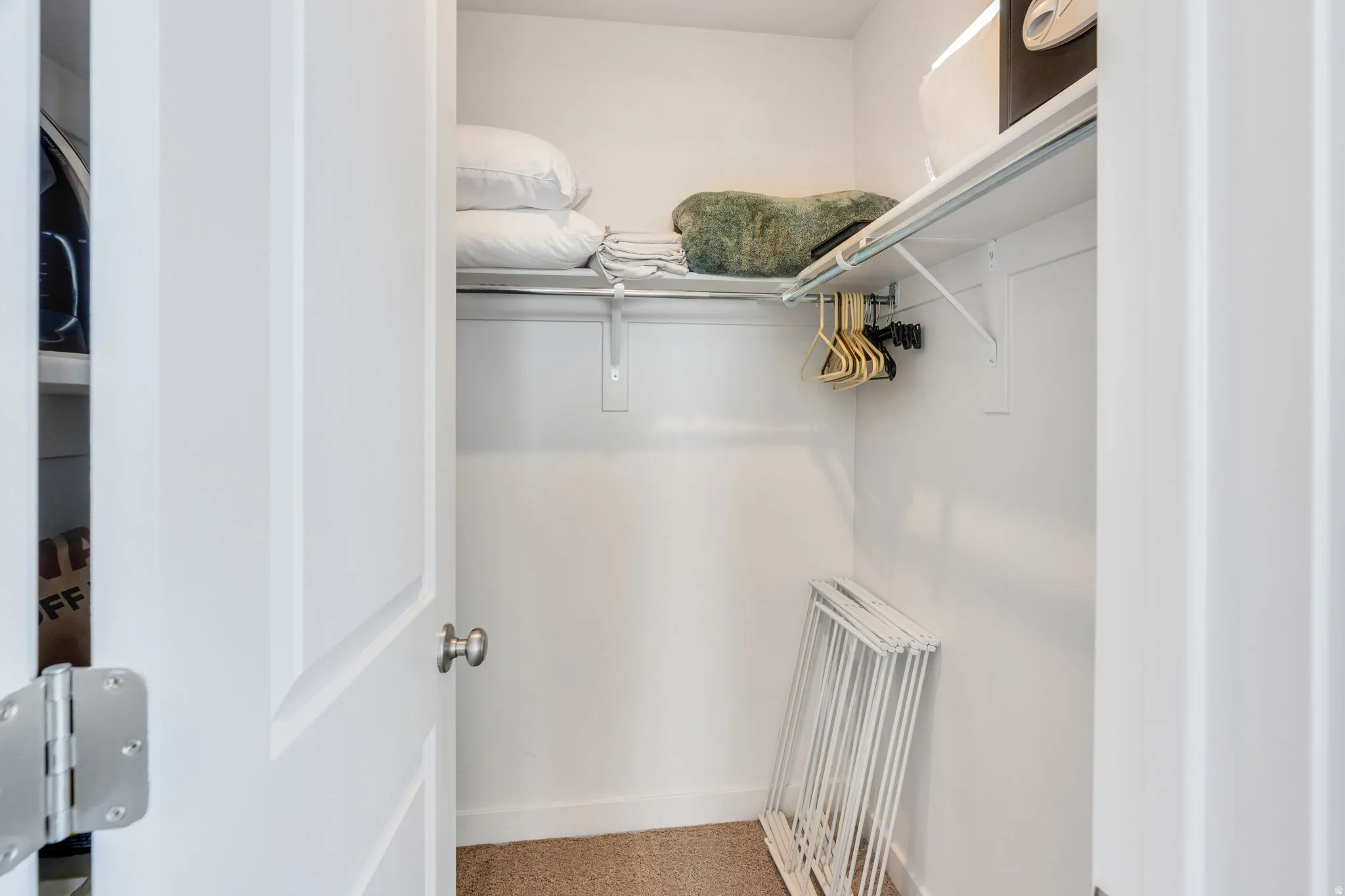 Recessed closet with white walls and light-colored carpet flooring