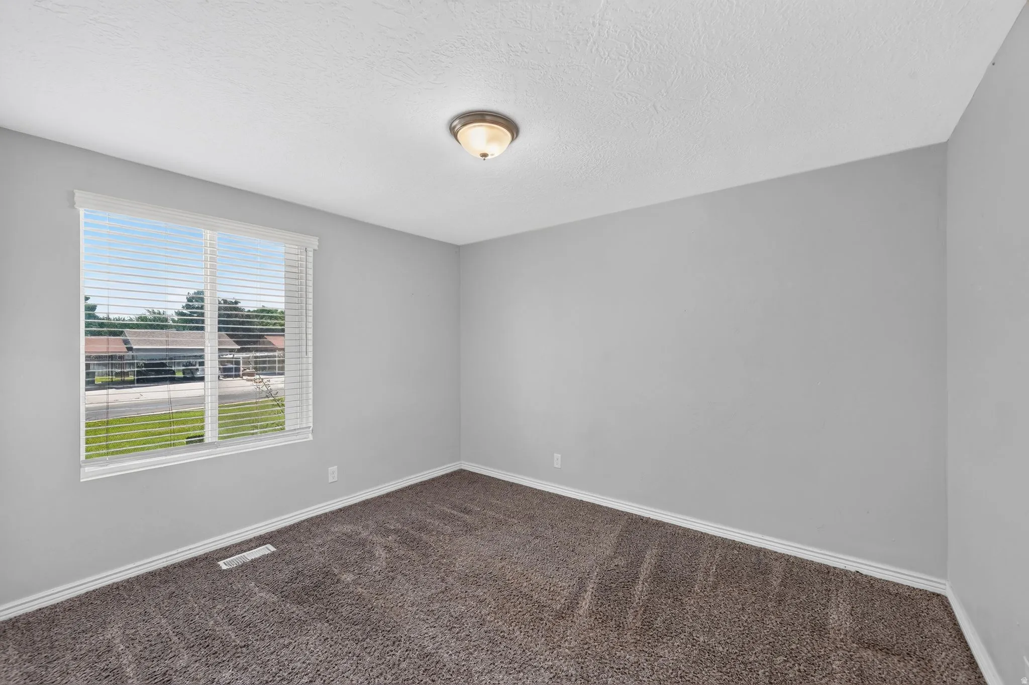 Neutral gray walls and brown carpet flooring