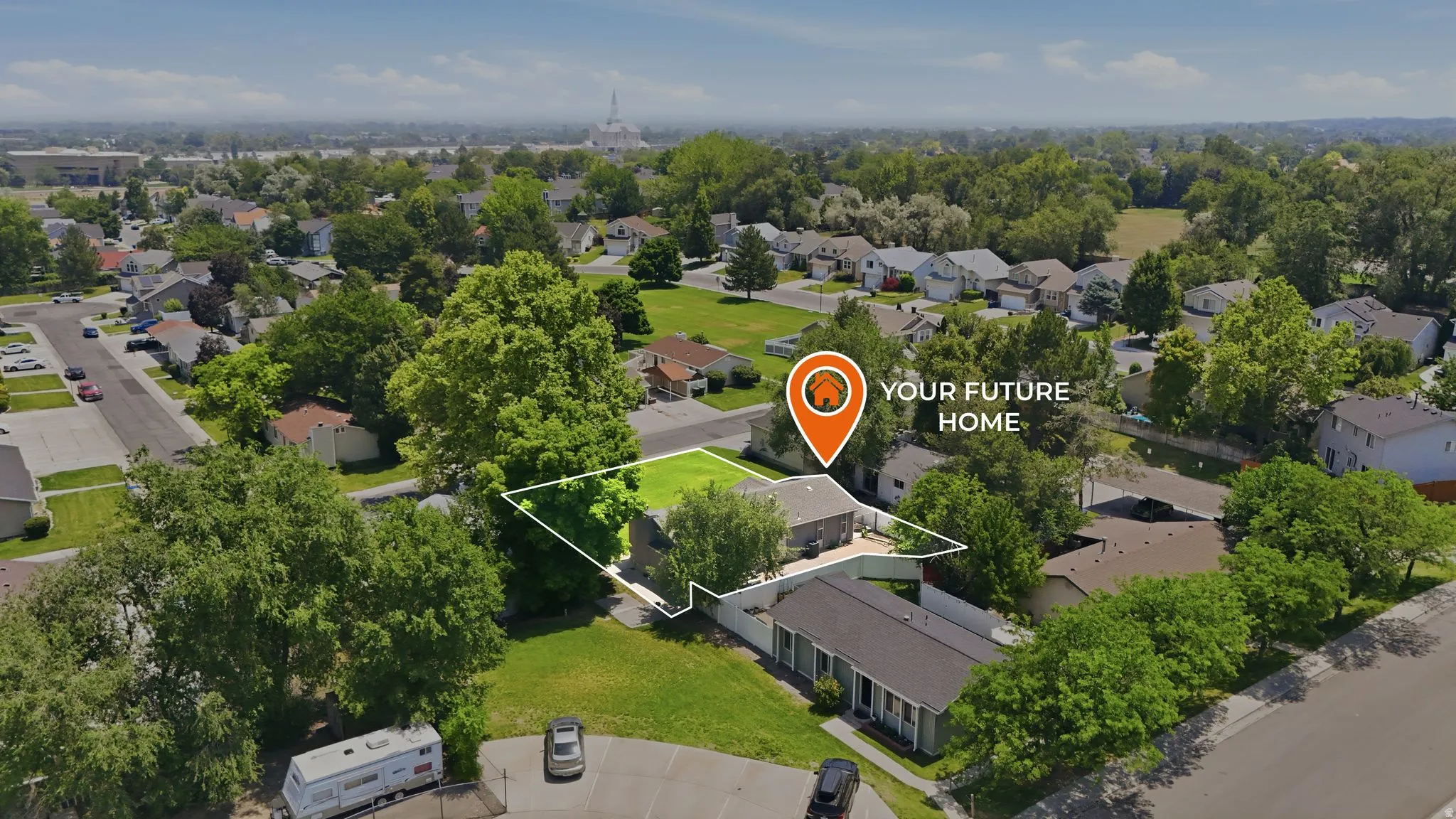 Residential property featuring a delineated lot with mature trees