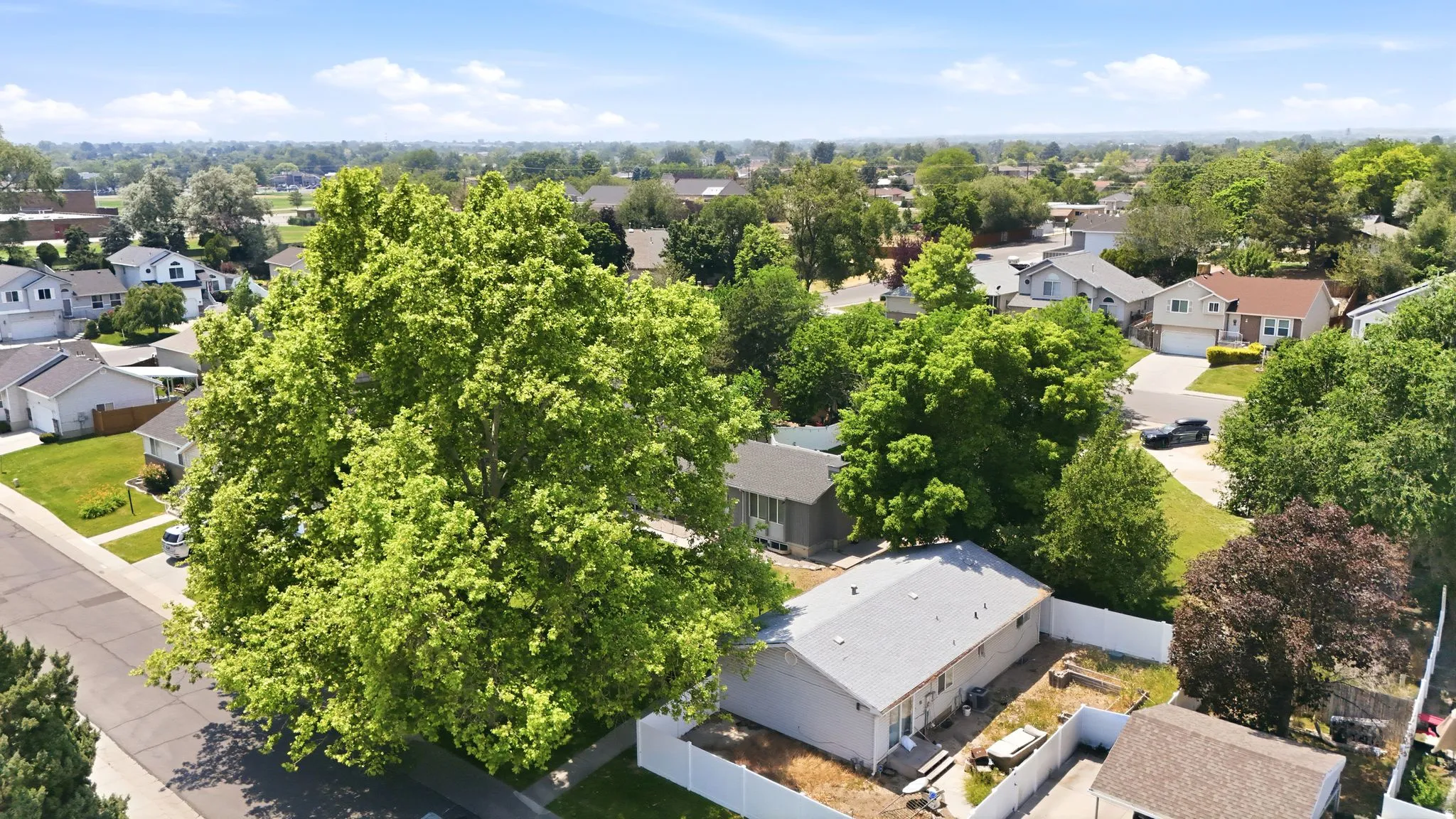 Residential property with a light gray exterior, white trim, and a matching gray shingled roof
