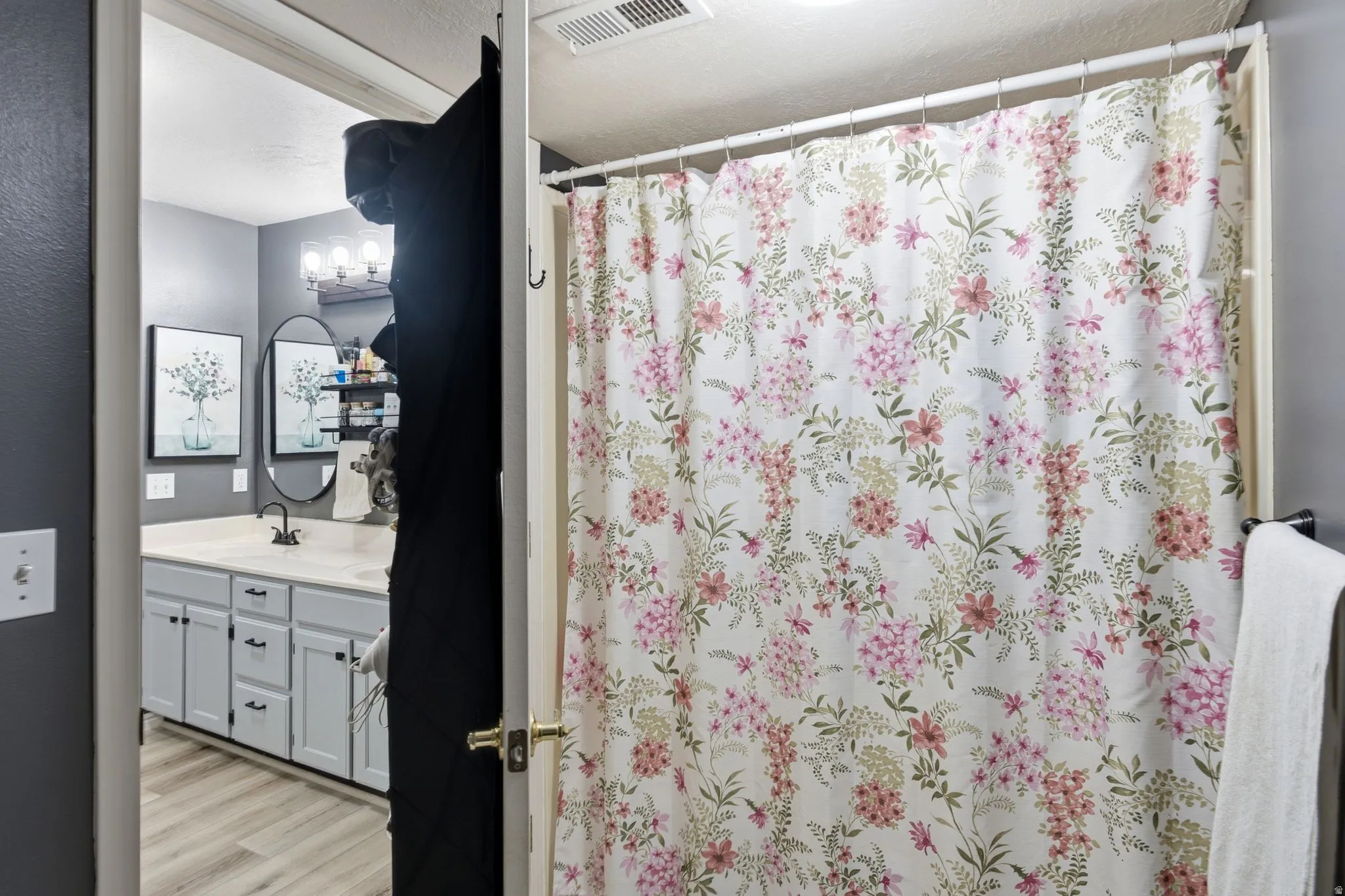Master bathroom featuring a double vanity with light gray cabinetry, a white countertop, and dark-finish hardware