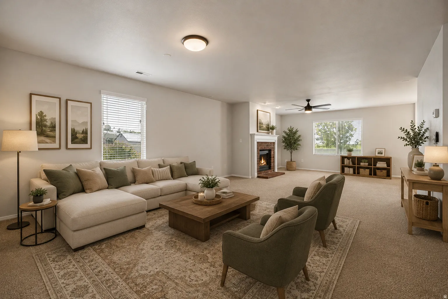 Recessed lighting, ceiling fan, brick fireplace, white mantel, and carpeted flooring