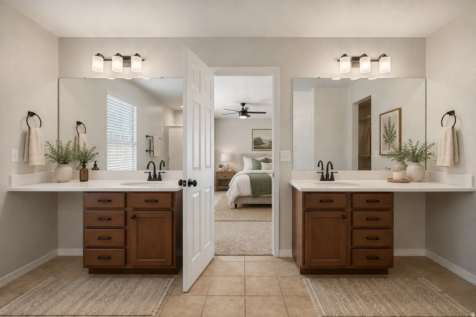 Dual vanity sinks with wood-finish cabinetry, white countertops, and tile flooring