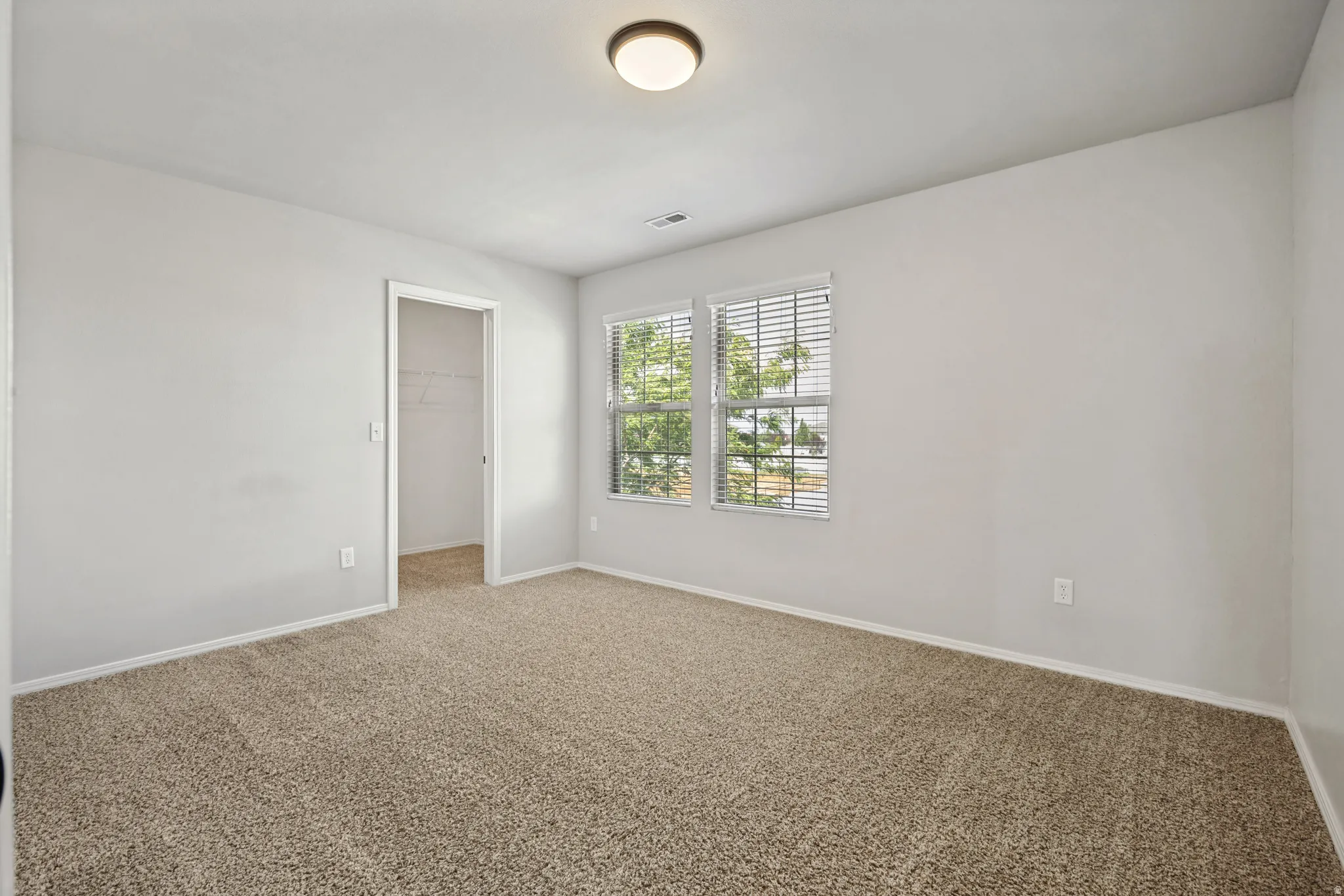 Carpeted flooring, two windows with blinds, ceiling-mounted light fixture, and a built-in closet with shelving