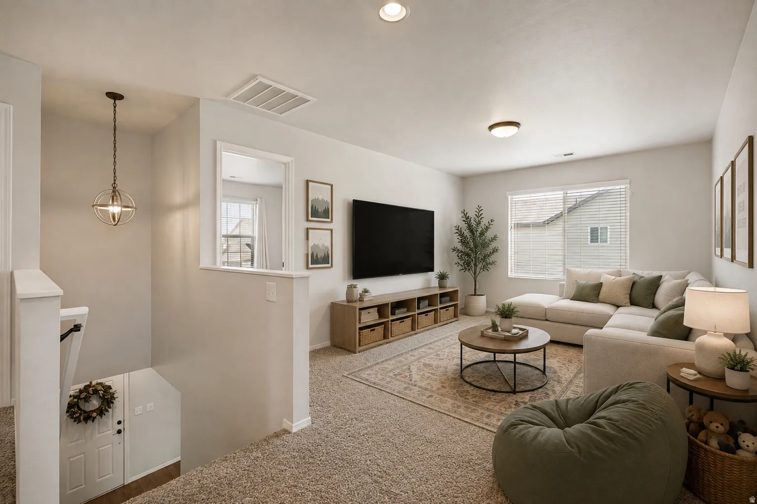 Carpeted bonus room featuring a window with blinds, recessed lighting, and a contemporary pendant light fixture