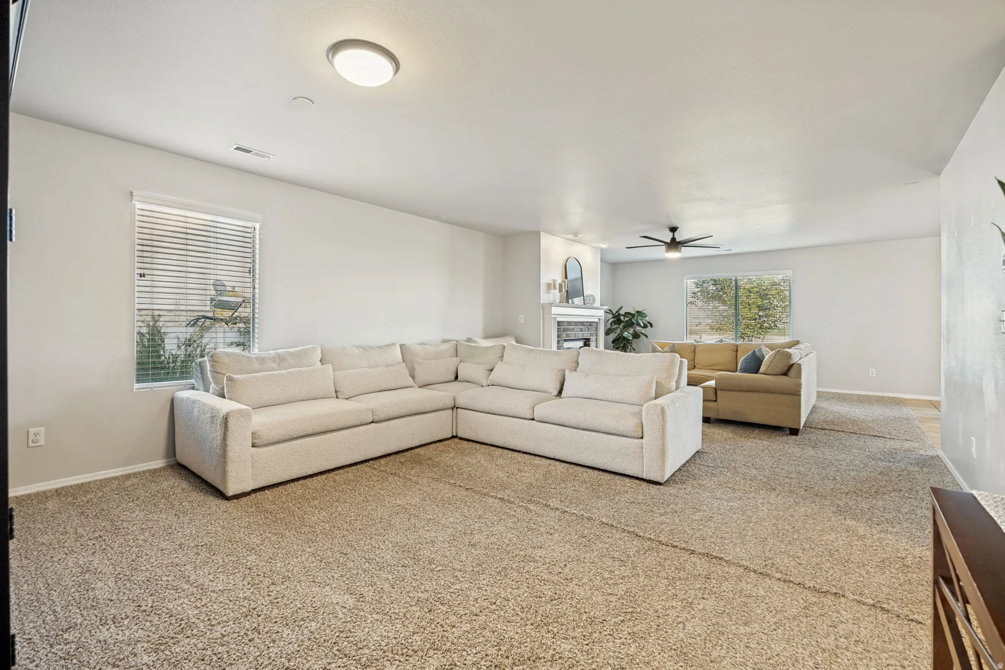 Carpeted living area featuring light-colored walls and multiple windows