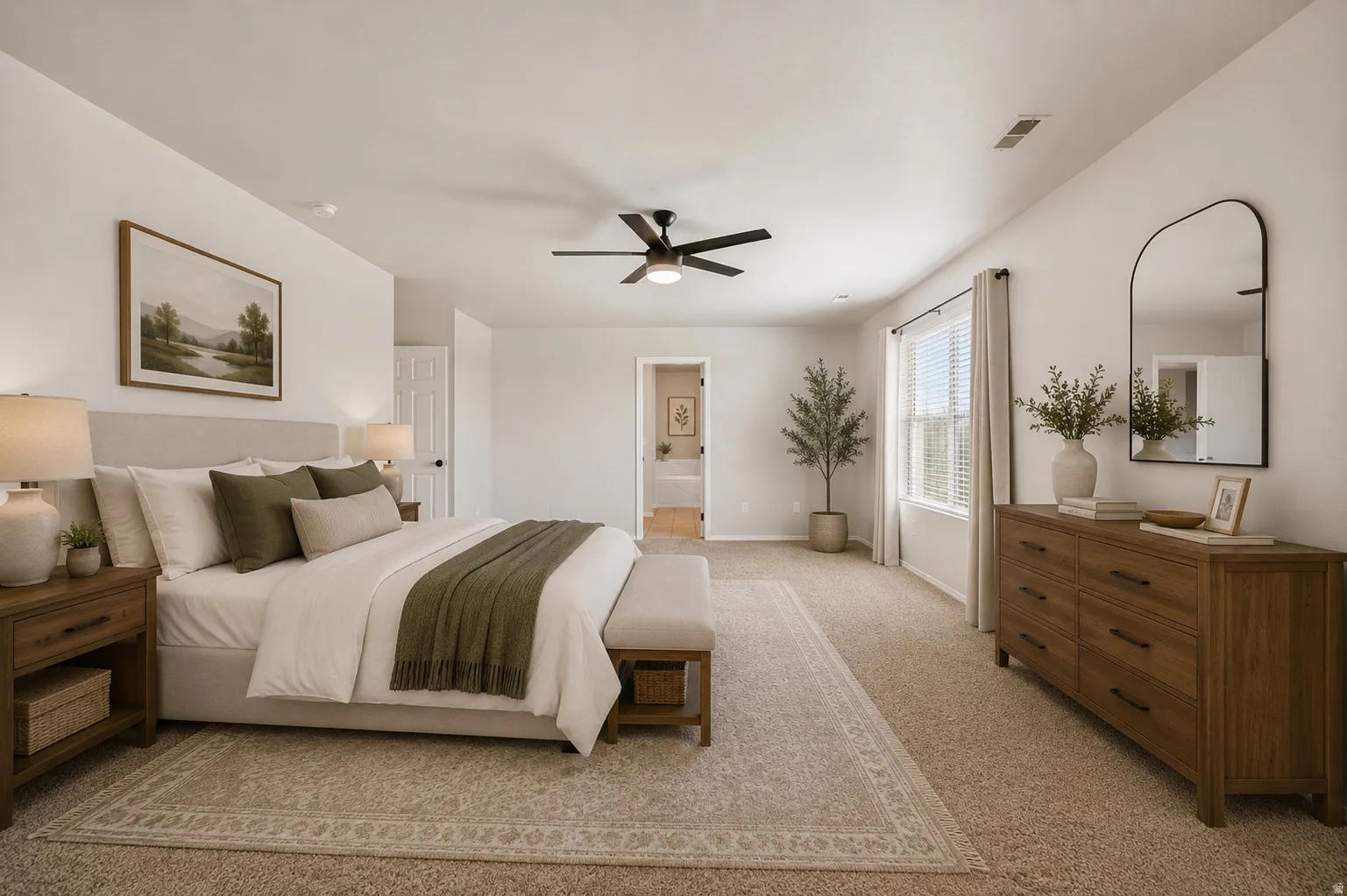 Carpeted room featuring a ceiling fan, window with blinds, and white walls