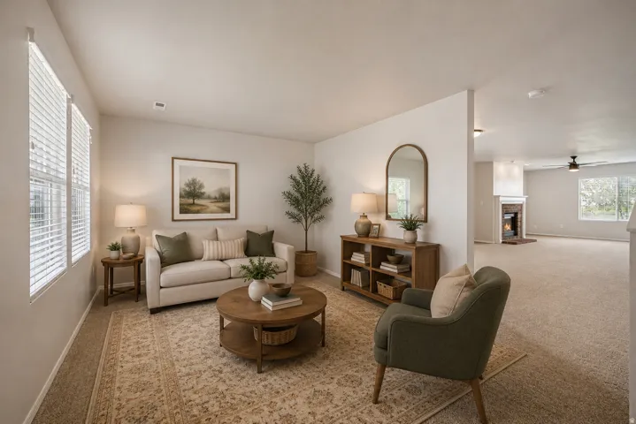 Recessed lighting, wood-finish shelving unit, brick fireplace, ceiling fan, and multiple windows with blinds