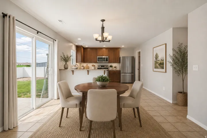 Open-concept kitchen and dining area featuring warm wood cabinetry, stainless steel appliances, and a breakfast bar
