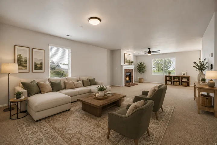 Recessed lighting, ceiling fan, brick fireplace, white mantel, and carpeted flooring