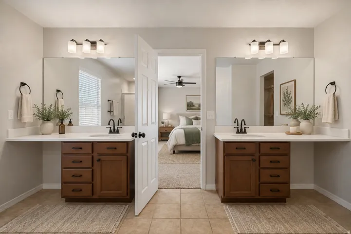 Dual vanity sinks with wood-finish cabinetry, white countertops, and tile flooring