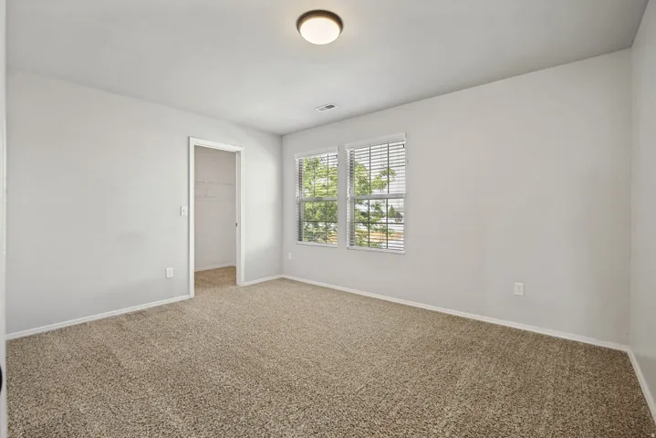 Carpeted flooring, two windows with blinds, ceiling-mounted light fixture, and a built-in closet with shelving