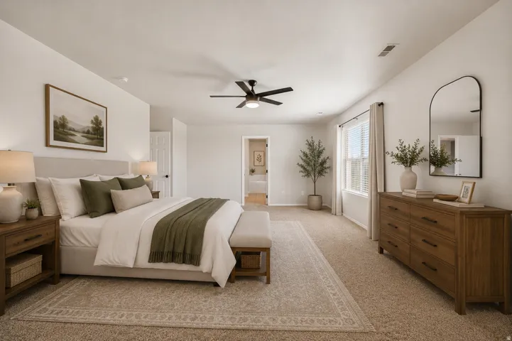 Carpeted room featuring a ceiling fan, window with blinds, and white walls