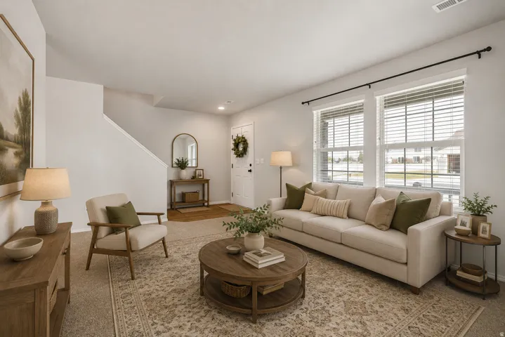 Neutral wall colors, large double-hung windows, and a built-in staircase
