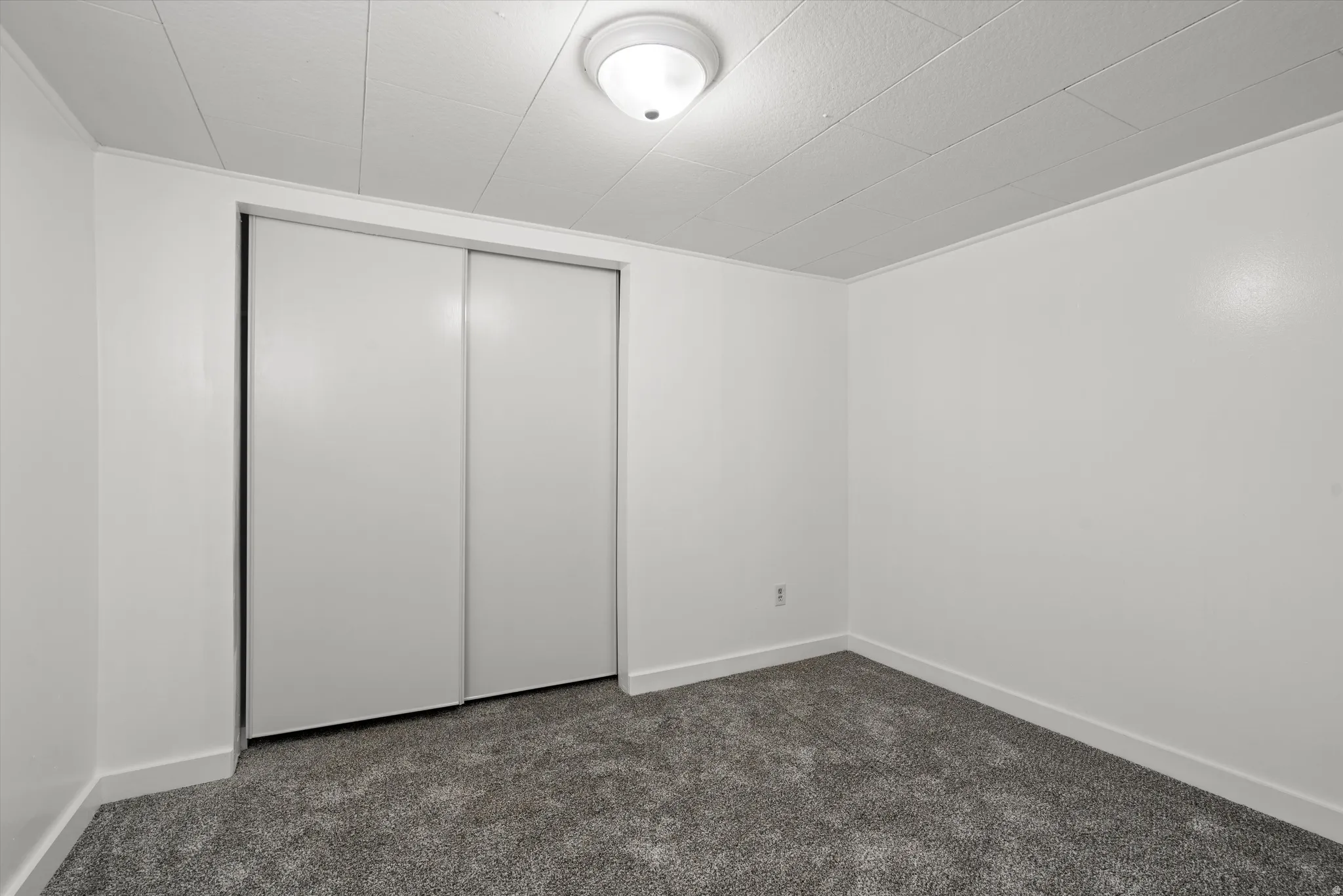 Neutral white walls with matching trim, gray carpet, and a white ceiling with a flush-mount light fixture